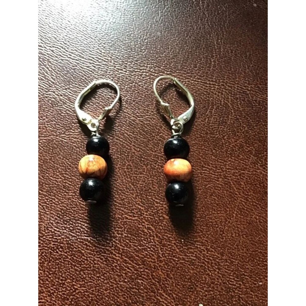 Handmade Black and Tan Wood Bead Dangle Leverback Earrings Artisan Jewelry - Picture 2 of 4